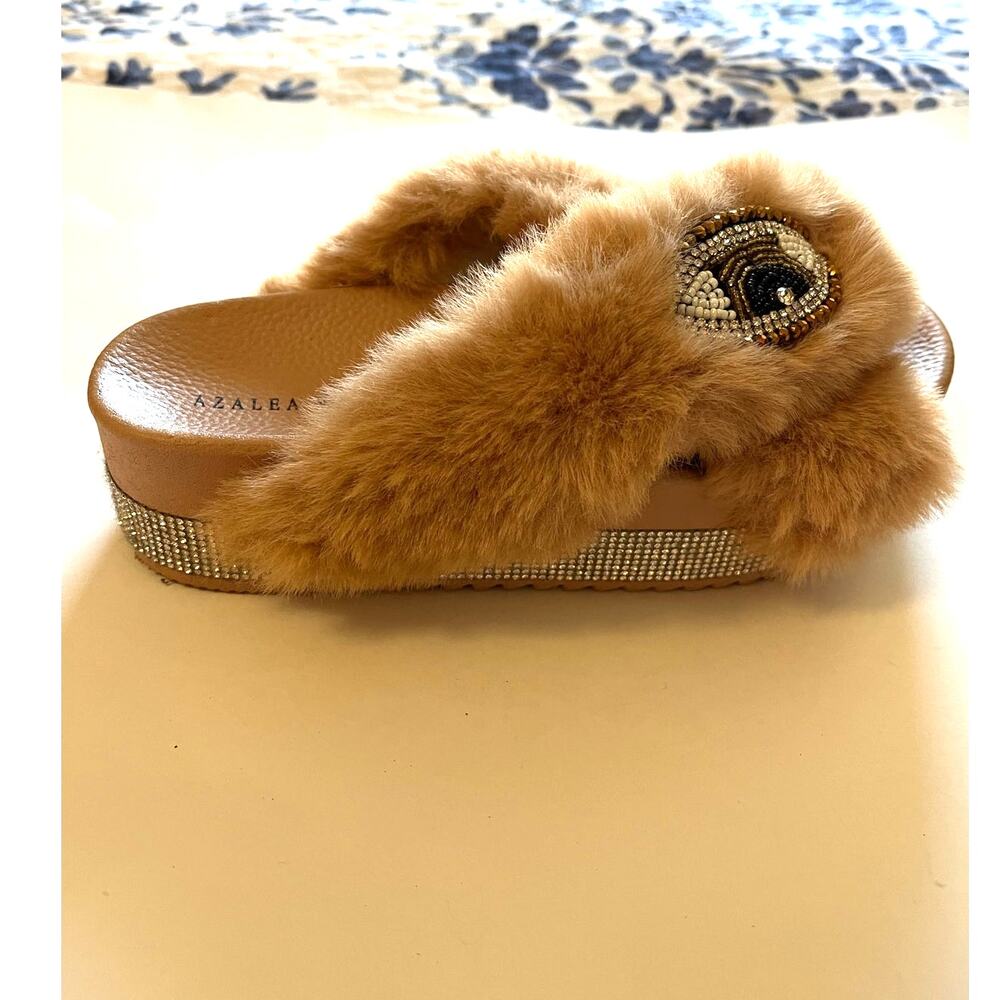 Azalea Wang | Size 7 Furry Platform Slippers with Sparkles & Beads